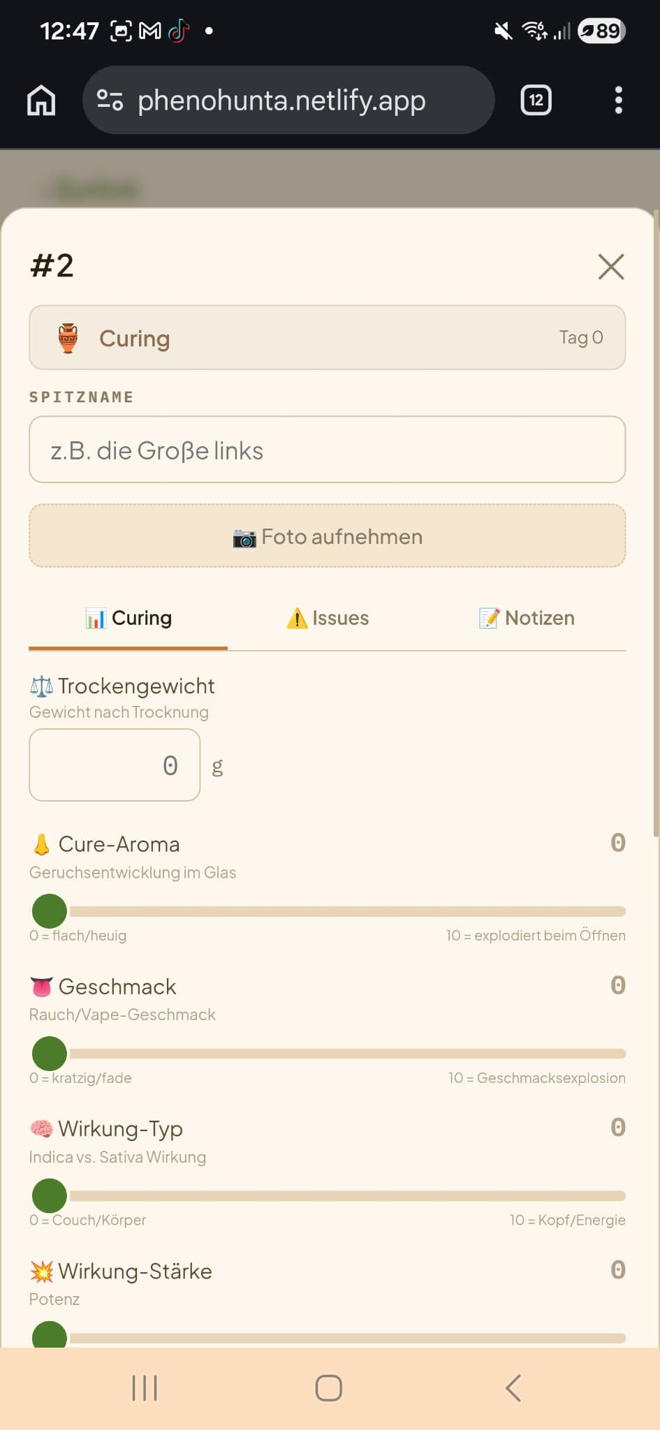 Phenohunter v1 Curing Observation mit Slider-Metriken