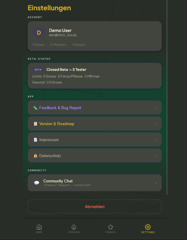 HNTZ v2 Settings Screen mit Beta-Status